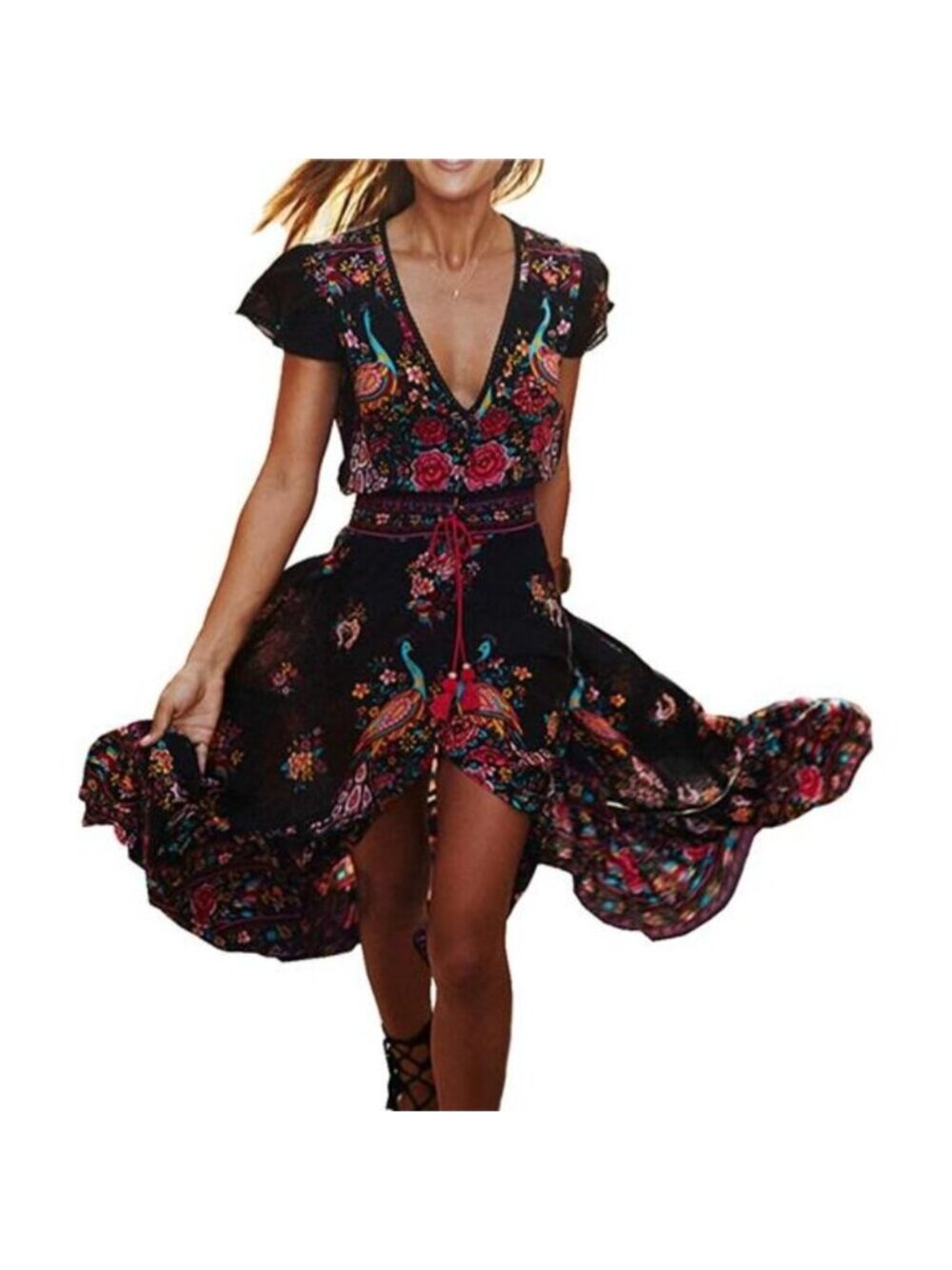 Women's Summer Vintage Floral Print Deep V Neck High Low Long Dress
